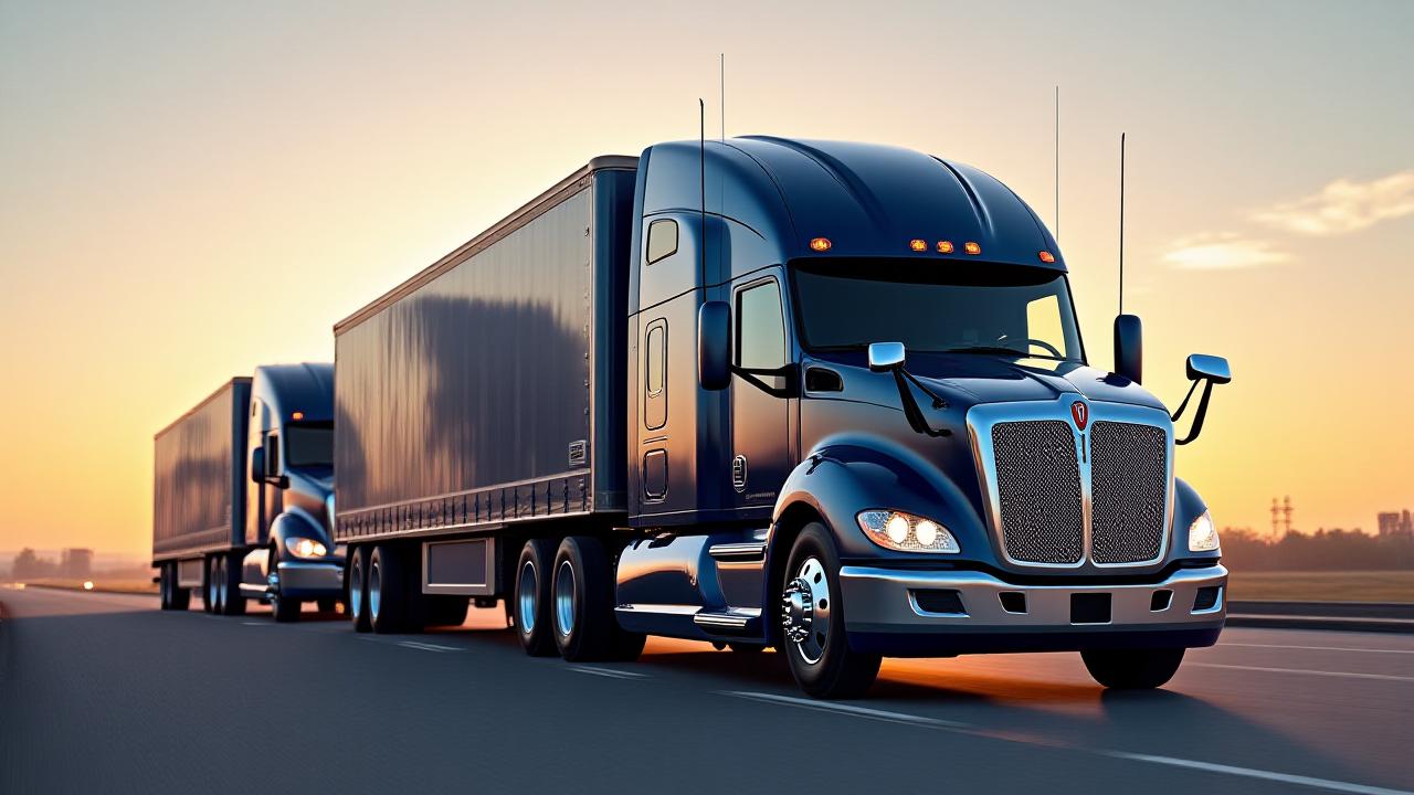 Three high-tech heavy-duty trucks lined up in perfect symmetry representing the 3 Musketeers brand