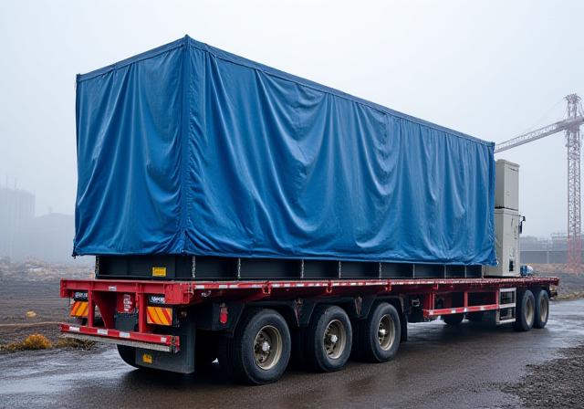 Heavy industrial machinery bolted to an open deck trailer