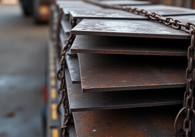 Industrial structural steel beams secured on a flatbed
