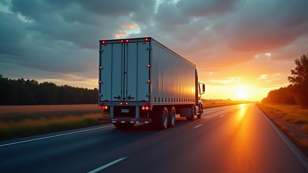 Modern 3 Musketeer's Hauling white dry van truck driving on North Carolina highway at sunset