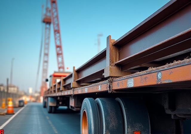 Flatbed truck carrying heavy construction components